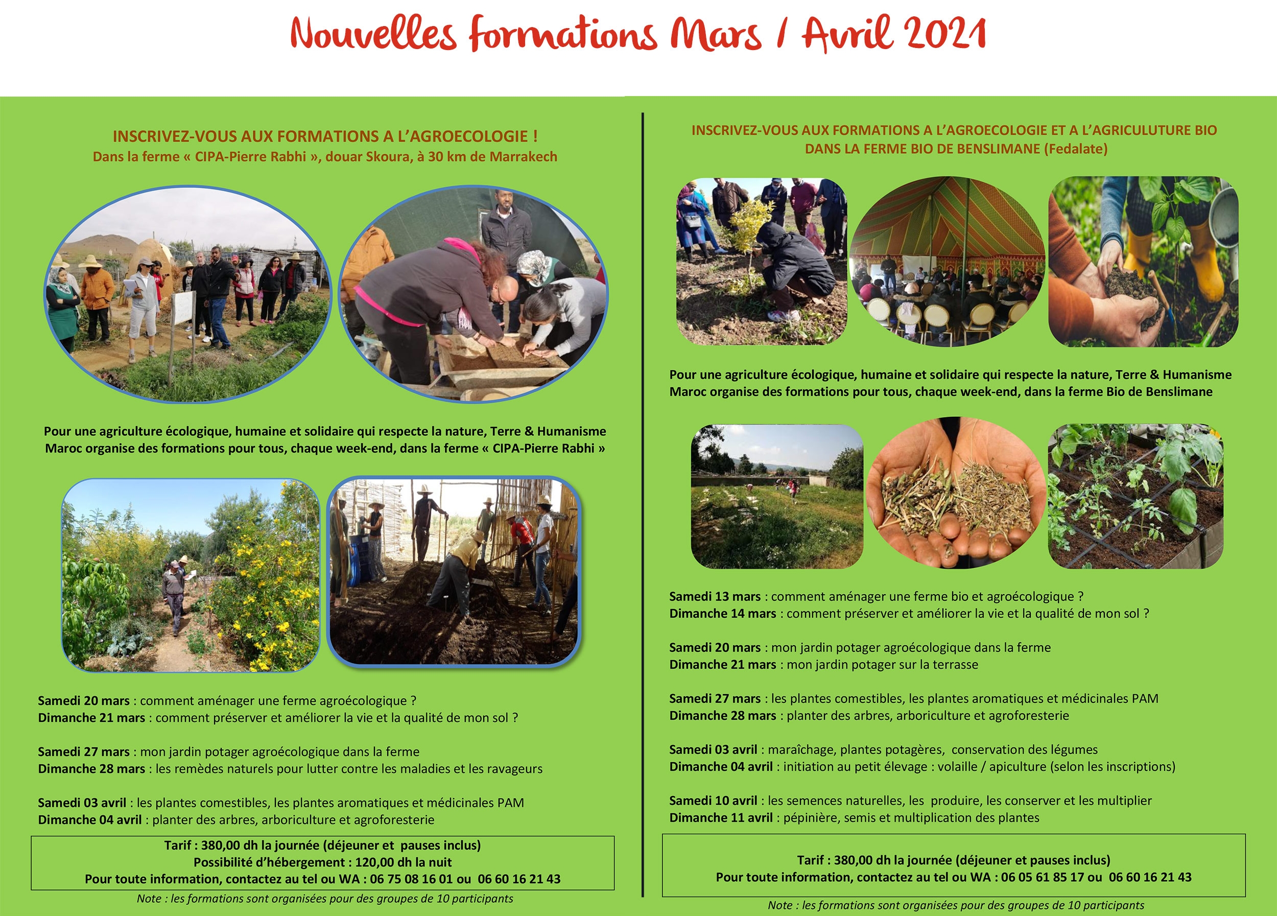 Calendrier de formation agroécologie Terre et humanisme maroc mars avril 2021 au Cipa-Pierre rabhi